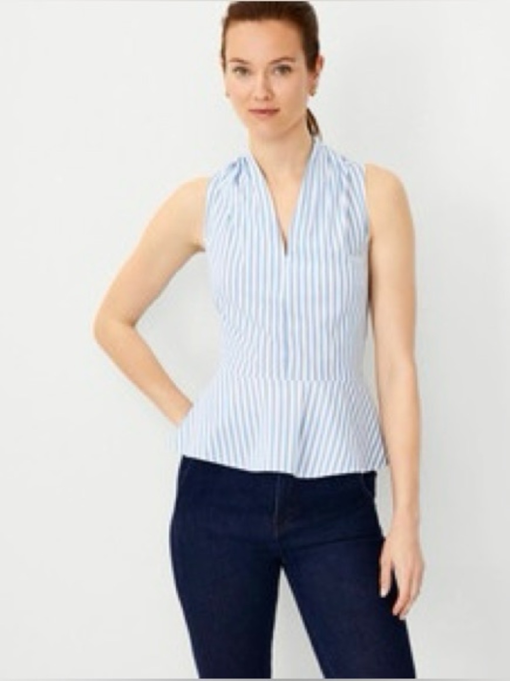 Ann Taylor blue & white striped coastal halter style V neck peplum Tank Top XL